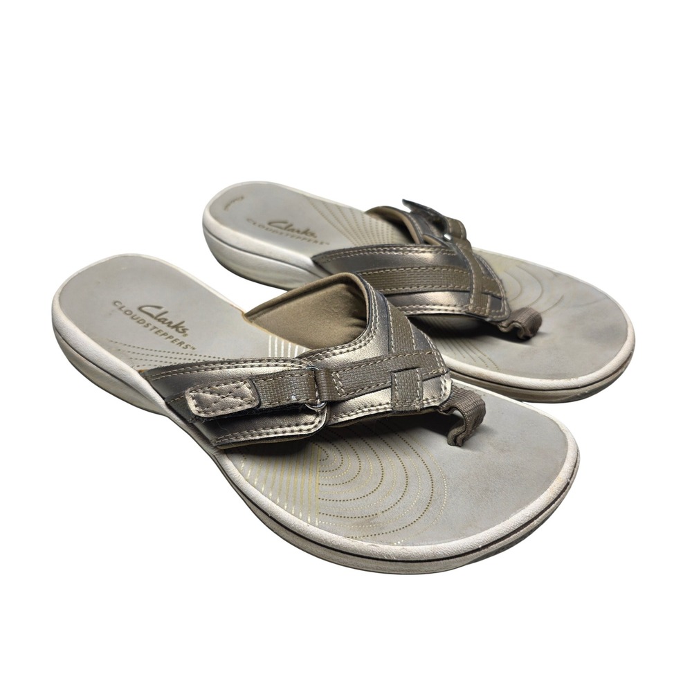 Clarks Cloudsteppers Arla Glitz Pewter Metallic Flip Flop Sandals Womens 5 M